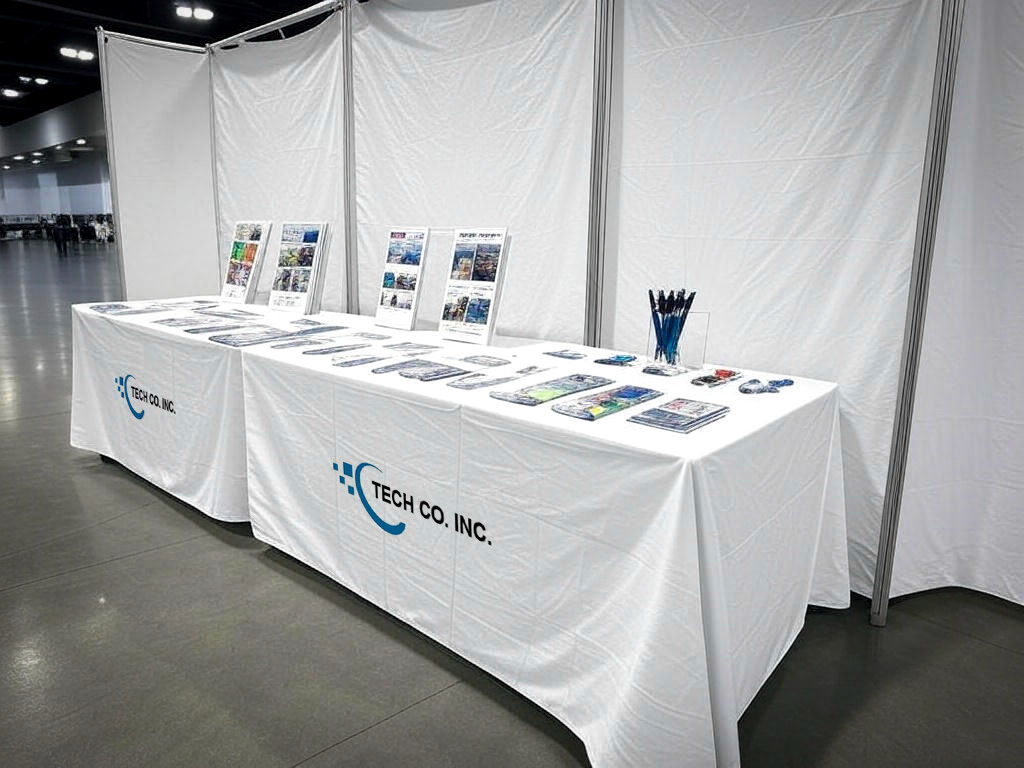 Basic, no frills booth showing tables with coverings, brochures, and cheap swag.