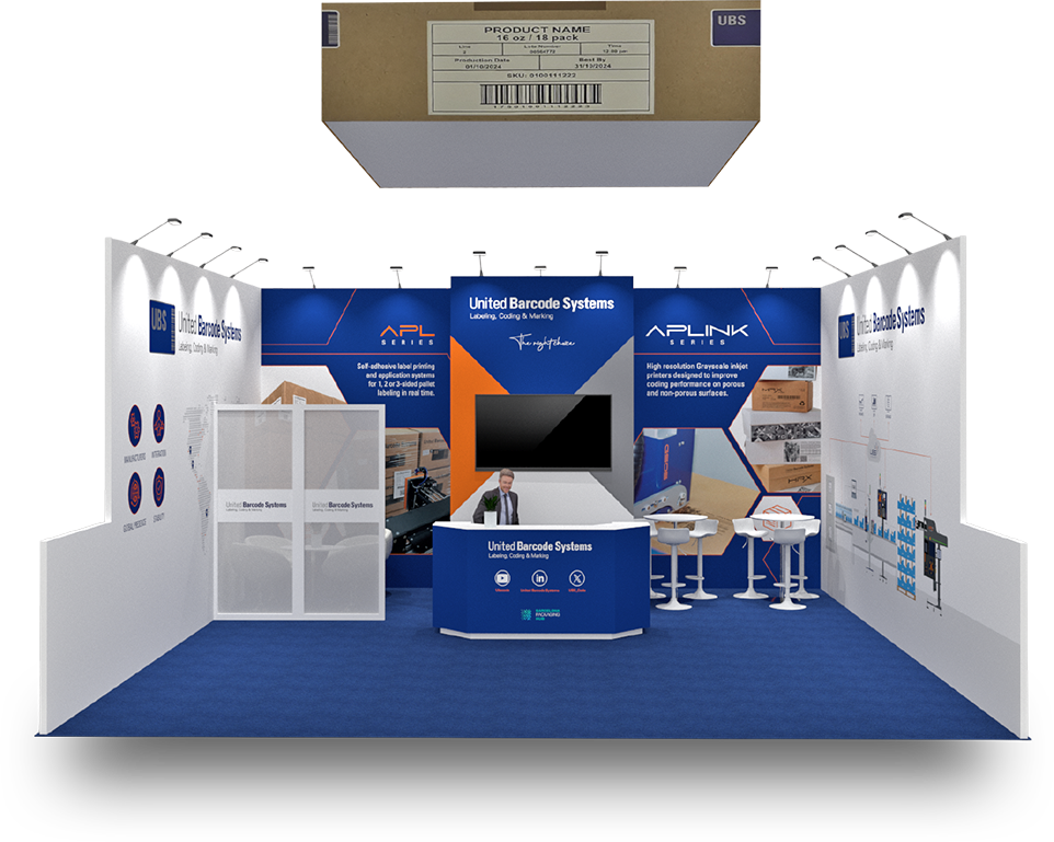 Explore our live custom trade show booth fabrication for United Barcode Systems at Chicago's Pack Expo. 